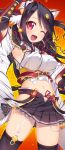  ;d animal_ears arm_up armpits bell black_hair black_legwear breasts cat_ears detached_sleeves garter_straps hair_bell hair_ornament kashiwamochi_yomogi long_hair open_mouth red_eyes sengoku_collection skirt smile solo takatora_todo_(sengoku_collection) thigh-highs thighhighs wink 
