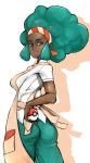  afro aloe_(pokemon) apron ass big_hair breasts dark-skinned_female dark_skin dark-skinned_female green_eyes green_hair gym_leader hairband hand_on_hip highres holding holding_poke_ball lipstick looking_back madarame makeup pants payot poke_ball pokemon pokemon_(game) pokemon_black_and_white pokemon_bw shadow short_sleeves smile solo transparent_background 