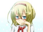 alice_margatroid bespectacled blonde_hair blue_eyes flask_(pandora) glasses highres looking_at_viewer smile solo touhou 