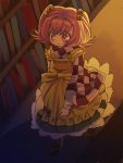  1girl apron bell blush book checkered checkered_shirt clothes_writing culotte(96) hair_bell hair_ornament jingle_bell long_sleeves motoori_kosuzu red_eyes redhead short_hair smile solo touhou twintails wide_sleeves 