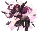  aoin aoin_(omegaboost) arm_up belt black_eyes black_gloves breasts cleavage flowers gloves highres holding katarina katarina_du_couteau knife large_breasts league_of_legends leg_up lips long_hair low_neckline navel red_hair redhead scar solo thigh_strap thighs weapon 