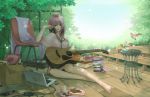  animal barefoot bird blue_eyes book box candy cardboard_box chair coffee_mug coffee_table computer flower fork guitar headphones highres instrument laptop leaf long_hair megurine_luka outdoors pen pink_hair shirano shirano_(hiromaxi729) sitting smile toenails toes usb_stick vinyl vocaloid 