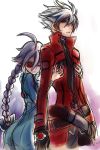  1girl absurdres ahoge ass blade blazblue bodysuit braid closed_eyes couple early_type eyepatch eyes_closed hair_over_one_eye happy height_difference highres hug hug_from_behind huge_ahoge jacket long_hair multiple_belts nu-13 popped_collar ragna_the_bloodedge red_eyes short_hair silver_hair single_braid 