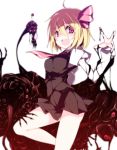  ahoge ascot blonde_hair blood fangs hair_ribbon juliet_sleeves leg_up long_sleeves looking_at_viewer monster multiple_eyes open_mouth pink_eyes puffy_sleeves red_eyes ribbon rumia sakurame shirt short_hair skirt skirt_set slime smile solo teeth tongue tongue_out touhou vest 