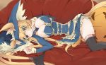  animal_ears aoi_(naomi) bat_wings black_legwear blonde_hair blue_eyes blush breasts copyright_request endou_chihiro fox_ears fox_tail highres long_hair lying on_side original smile solo tail thigh-highs thighhighs wings 