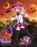  bat black_legwear bow crescent_moon detached_sleeves ganbo halloween hat jack-o&#039;-lantern jack-o'-lantern looking_at_viewer lufetic_ocean mirakurun moon pink_hair skirt thigh-highs thighhighs twintails wand witch_hat yuru_yuri 