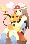  1girl :&gt; :3 blue_(pokemon) brown_eyes brown_hair hat heart highres hug long_hair pokemon pokemon_(creature) pokemon_(game) pokemon_frlg pumpkinpan raichu skirt smile 