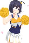  ahoge bare_shoulders black_hair blue_eyes blush cheerleader chuunibyou_demo_koi_ga_shitai! collarbone eyepatch flying_sweatdrops heart highres holding mizunashi_kenichi pom_poms side_ponytail skirt solo takanashi_rikka white_background 