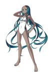  aloe_(pokemon) alternate_hairstyle aqua_eyes aqua_hair bare_legs barefoot blue_eyes blue_hair breasts competition_swimsuit dark_skin green_hair gym_leader hairband hand_in_hair hand_on_hip headband highres long_hair nail_polish one-piece_swimsuit pokemon pokemon_(game) pokemon_black_and_white pokemon_bw shinoi solo swimsuit toenail_polish very_long_hair white_swimsuit young 