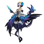  armor armored_dress bare_shoulders bataunco bird detached_sleeves feathers full_body gwendolyn hair_ornament hand_on_own_chest odin_sphere polearm solo standing_on_one_leg tiara weapon white_background white_hair 