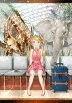  bag bare_shoulders blonde_hair blue_eyes blush chair dress elephant flower giraffe hair_flower hair_ornament hedgehog highres light_particles long_hair looking_at_viewer neo-masterpeacer original sitting smile solo suitcase twintails 
