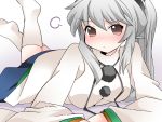  blush breasts brown_eyes hammer_(sunset_beach) hat large_breasts legs_up long_hair long_sleeves looking_at_viewer lying mononobe_no_futo no_shoes on_stomach ponytail shirt silver_hair skirt socks solo touhou white_legwear wide_sleeves 