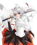  absurdres animal_ears artist_request bare_shoulders breasts detached_sleeves hat highres inubashiri_momiji mikoma_sanagi open_mouth red_eyes skirt smile solo tail tokin_hat touhou weapon white_background white_hair wide_sleeves wolf_ears wolf_tail 