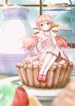  absurdres flat_chest food green_eyes highres looking_at_viewer mary_janes minigirl original pink_hair sch shoes short_hair sitting smile solo 