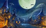  bat full_moon halloween highres jack-o&#039;-lantern jack-o'-lantern landscape moon original pumpkin 