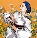  album_cover araki_hirohiko blue_hair cover flower ishikawa_sayuri japanese_clothes jojo_no_kimyou_na_bouken killer_queen kimono ladybug mole official_art solo 