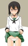  black_hair brown_eyes collarbone girls_und_panzer kawashima_momo lowleg lowleg_panties monocle neck_ribbon panties ribbon school_uniform short_hair solo tanaka_rikimaru underwear upskirt 