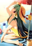  absurdres animal_ears arm_up bare_shoulders barefoot beach bottle breasts casual_one-piece_swimsuit cleavage eretto feet green_hair hat highres long_hair looking_up one-piece_swimsuit original red_eyes scan sitting solo straw_hat sun_hat swimsuit tail tiger_ears tiger_tail very_long_hair wariza water_bottle yellow_swimsuit 