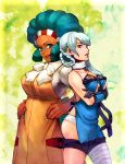  afro aloe_(pokemon) apron aqua_hair arm_warmers back-to-back backless_outfit bandage bandages belt blue_eyes bow braid breasts character_request crossed_arms crossover dark_skin elbow_gloves frills gloves green_hair hair_rings hands_on_hips kaine_(nier) large_breasts lingerie lips lipstick makeup mizuki_apple multiple_girls negligee nier panties pokemon pokemon_(game) pokemon_bw purple_eyes scarf seiyuu_connection single_thighhigh tanaka_atsuko thigh-highs thigh_strap thighhighs underwear violet_eyes white_hair white_panties 