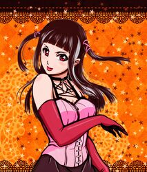  1girl breasts brown_hair colored colorfag corset drawfag elbow_gloves gloves hair_flip hair_ribbon lipstick long_hair makeup red_eyes red_gloves ribbon rosario+vampire solo toujou_ruby twintails 