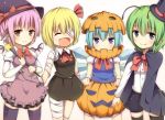  animal_ears antennae bandage bandages baron_(x5qgeh) blonde_hair blue_eyes blue_hair brown_eyes cape cirno closed_eyes dress earrings eyes_closed fang green_hair halloween hat jewelry multiple_girls mystia_lorelei pink_hair pumpkin pumpkin_costume ribbon rumia short_hair shorts sleeveless smile team_9 thigh-highs thighhighs touhou wand wings wriggle_nightbug x5qgeh zettai_ryouiki 