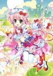  absurdres bow broom broom_riding clock dress frilled_legwear frilled_thighhighs fujima_takuya green_eyes hello_kitty hello_kitty_to_issho! highres lolita_hairband pink_hair possible_duplicate ribbon thigh-highs thighhighs wand white_legwear 