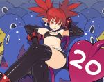 belt black_gloves black_legwear crossed_legs disgaea earrings elbow_gloves etna gloves go_robots grin jewelry legs_crossed looking_at_viewer midriff navel pointy_ears prinny red_eyes red_hair redhead sitting skirt smile sweatdrop tail thigh-highs thighhighs twintails