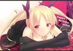  ass bare_shoulders blazblue blonde_hair blush breasts character_name cleavage daiaru dress elbow_gloves gloves happy_birthday letterboxed long_hair looking_at_viewer lying on_stomach rachel_alucard red_eyes smile solo twintails 