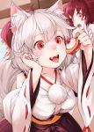  animal_ears blush detached_sleeves fang food highres inubashiri_momiji junwool open_mouth red_eyes rough short_hair smile tail tongue tongue_out touhou white_hair wolf_ears wolf_tail yellow_eyes 