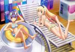  absurdres altines arnval barefoot bikini blonde_hair blue_eyes busou_shinki crossed_legs doll_joints drink feet glasses hara_shuuichi highres innertube legs long_hair looking_at_viewer lounge_chair lying megami minigirl multiple_girls official_art on_stomach purple_hair red_eyes screw_holes short_hair sitting smile striped striped_bikini striped_swimsuit swimsuit very_long_hair water 