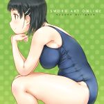  blush breasts character_name green_eyes hair_ornament hairclip kirigaya_suguha large_breasts plump polka_dot polka_dot_background profile school_swimsuit sitting smile solo swimsuit sword_art_online takagi_hideaki title_drop 