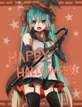  cane elbow_gloves fang garter_straps gloves green_eyes green_hair halloween happy_halloween hat hatsune_miku long_hair necktie open_mouth orange_background saihate_(artist) skirt solo start thigh-highs thighhighs twintails very_long_hair vocaloid witch_hat 