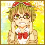  1girl adjusting_glasses bad_id bespectacled border bowtie bust character_name glasses goggles goggles_on_head green_eyes green_hair grin gumi lowres moro_rabbit short_hair smile solo teeth vocaloid windowboxed 