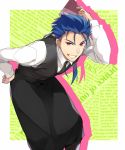  blue_hair earrings fate/hollow_ataraxia fate_(series) jewelry kuroemon lancer long_hair menu necktie ponytail red_eyes solo vest waistcoat waiter 