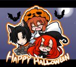  2girls ^_^ animal_ears bat black_hair cat_ears chain chains closed_eyes collar costume eyebrows eyes_closed fang grey_eyes halloween happy_halloween hat horns jack-o&#039;-lantern jack-o'-lantern kemonomimi_mode long_hair multiple_girls oono_mayu open_mouth pixiv_azriel red_hair redhead smile witch_hat yanagi_(nurikoboshi) yellow_eyes 