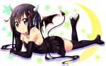 alternate_costume black_hair black_legwear blush breasts elbow_gloves gloves hair_ribbon horns k-on! long_hair lying nakano_azusa on_stomach red_eyes ribbon smile solo tail tamaran thigh-highs thighhighs twintails wings 