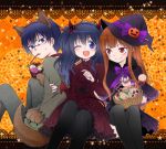  2girls ;d animal_ears basket blue_eyes blush bow brown_hair candy capelet cookie costume cupcake dress fangs food hat headband horns lollipop long_hair migu_(migmig) multiple_girls open_mouth original pantyhose red_eyes smile spoon star tail two_side_up wink witch_hat wolf_ears wolf_tail 