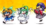  animal_hat beret blue_dress blue_eyes blue_hair bow cirno closed_eyes daiyousei dress eyes_closed fairy_wings fangs green_hair hair_bow hair_tubes halloween_costume hat hopping jiangshi long_sleeves millipen_(medium) miyako_yoshika multiple_girls o_o ofuda open_mouth outstretched_arms pigeon-toed pointy_ears puffy_sleeves pumpkin_hat running sentarou short_hair short_sleeves side_ponytail smile stitches tears touhou traditional_media wavy_mouth wide_sleeves wings zombie_pose 