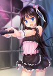  :d binsen black_hair blue_eyes blush denpa_(kazuharu) dress hair_ornament highres holding long_hair looking_at_viewer microphone open_mouth original outstretched_arm side_ponytail smile solo wrist_cuffs 