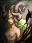  bare_shoulders breasts copyright_request green_eyes green_hair horns kilart lips long_hair solo 