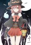  bandage bandages bat belt black_gloves capelet full_moon gloves grave halloween hat highres hitodama holding lantern looking_at_viewer moon original outline pink_hair pleated_skirt pointy_ears short_hair skirt smile solo yutamaro 