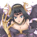  bare_shoulders bat bat_wings black_hair blue_eyes breasts claws cleavage digimon dress facial_mark fang forehead_mark horns jin_(lili_to_marigold) lilithmon pointy_ears solo wings 