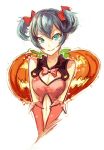  aqua_eyes aqua_hair bare_shoulders bow breasts bust center_opening cleavage cleavage_cutout doomfest hair_bow halloween hatsune_miku heart_hunter highres navel navel_cutout project_diva pumpkin short_hair short_twintails smile solo twintails v_arms vocaloid 