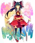  aru16 ascot black_hair bow closed_eyes detached_sleeves eyes_closed hair_bow hair_tubes hakurei_reimu highres long_hair mary_janes navel ponytail shoes skirt smile solo thigh-highs thighhighs touhou 