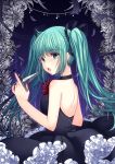  aqua_eyes aqua_hair bare_back bare_shoulders blush dress flower hatsune_miku holding holding_knife knife long_hair looking_at_viewer looking_back open_mouth petals philomelalilium ribbon_choker solo tears twintails very_long_hair vocaloid 