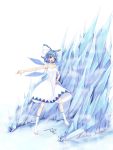  &gt;:d :d alternate_costume bare_shoulders barefoot blue_eyes blue_hair bow cirno dress full_body hair_bow hand_on_hip highres ice open_mouth outstretched_arm short_hair smile solo standing toeless_footwear toeless_socks touhou wel_roys white_background white_dress 