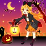  blonde_hair curry_gohan fang halloween jack-o&#039;-lantern jack-o'-lantern long_hair monogatari_(series) nisemonogatari oshino_shinobu pointy_ears pumpkin solo yellow_eyes 