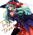  bow breasts c.c. choker code_geass costume elbow_gloves garter_straps gloves green_hair halloween hat jack-o&#039;-lantern jack-o'-lantern long_hair rahit skirt solo thigh-highs thighhighs translated translation_request trick_or_treat witch witch_hat yellow_eyes 
