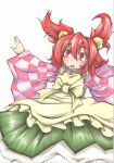  apron bell checkered checkered_shirt hair_bell hair_ornament jingle_bell long_sleeves marker_(medium) motoori_kosuzu outstretched_arms red_eyes red_hair redhead short_hair sokutenkun solo touhou traditional_media twintails wide_sleeves 