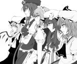 apron ascot beret braid brooch crescent crossed_arms flandre_scarlet group_profile hair_ribbon hat hong_meiling izayoi_sakuya jewelry lineup long_hair maid maid_headdress monochrome multiple_girls parted_lips patchouli_knowledge profile ram_hachimin remilia_scarlet ribbon serious short_hair side_ponytail simple_background skirt skirt_set star touhou twin_braids waist_apron white_background wings 